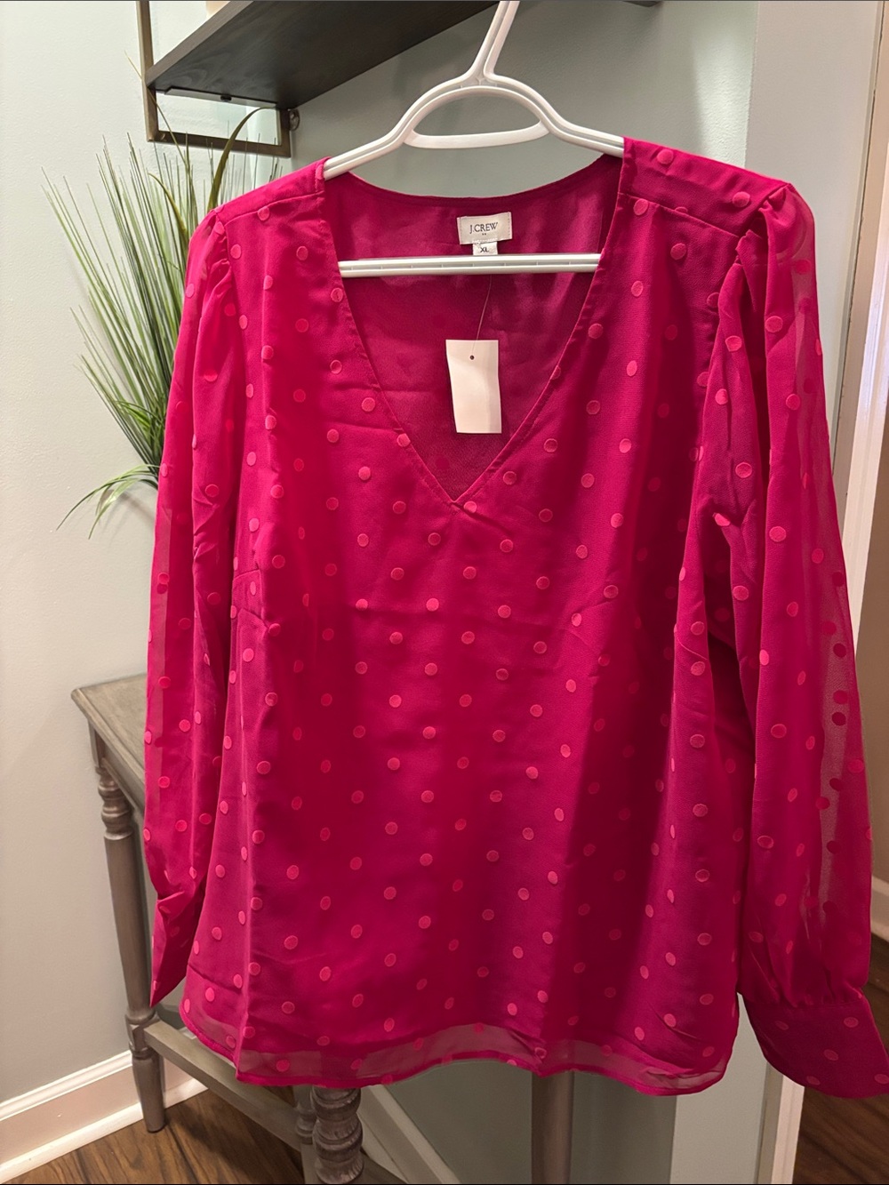 J. Crew Fuchsia Dot V-Neck Long-Sleeve Blouse